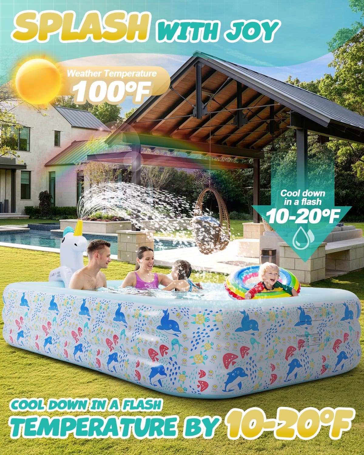 Inflatable Pool for Kids and Adults Large Blow up Swimming Pool (118 L x71 W x 23.5 H), Unicorn Pool for Kids with Sprinkler Thicken Oversized Pools for Whole Family Party Backyard Garden Outdoor