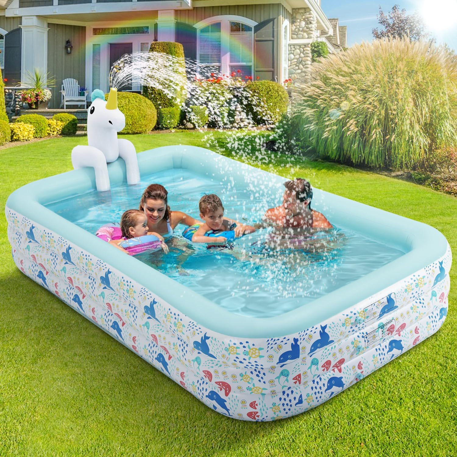 Inflatable Pool for Kids and Adults Large Blow up Swimming Pool (118 L x71 W x 23.5 H), Unicorn Pool for Kids with Sprinkler Thicken Oversized Pools for Whole Family Party Backyard Garden Outdoor