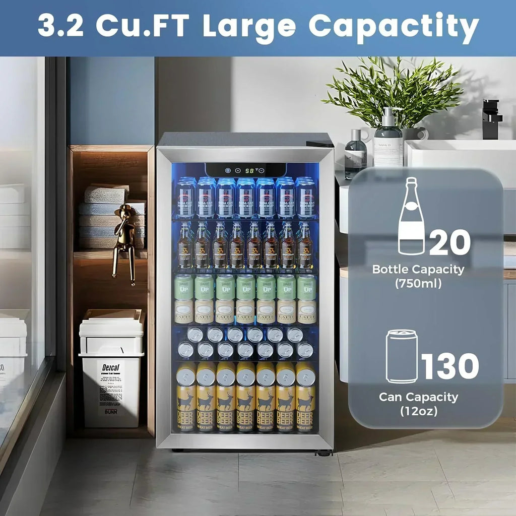 Mini Fridge 130 Can Beverage Refrigerator Cooler Drink Fridge Adjustable Temperature Control