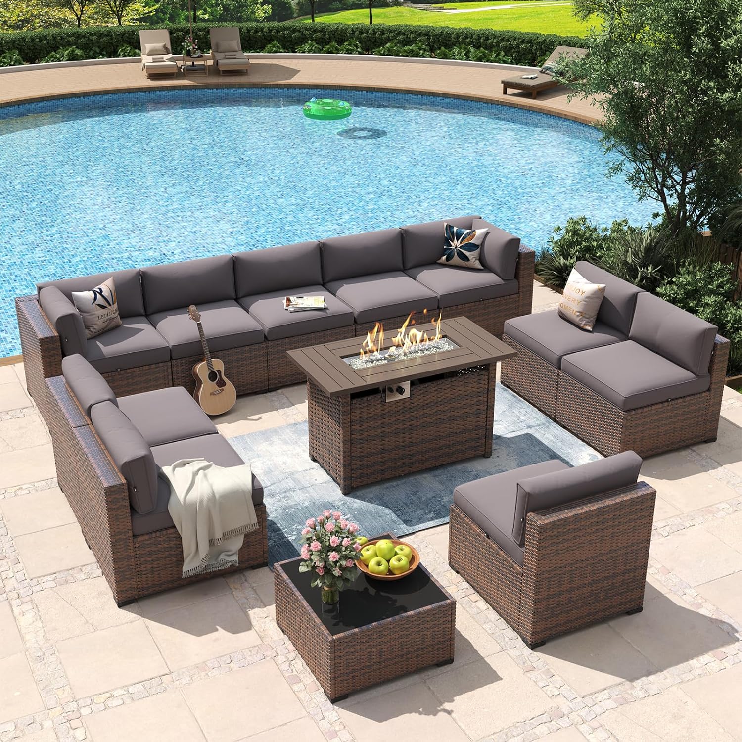 Aoxun 8 Piece Patio Furniture Set with 44?Fire Pit Table Wicker Rattan Outdoor Sectional Sofa Set with Coffee Table and Thickened Cushions, Beige (Waterproof Cover Included)