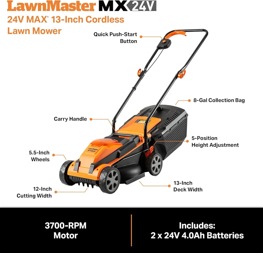 LawnMaster CLM2413A Cordless 13-Inch Lawn Mower 24V Max with 2X4.0Ah Battery and Charger