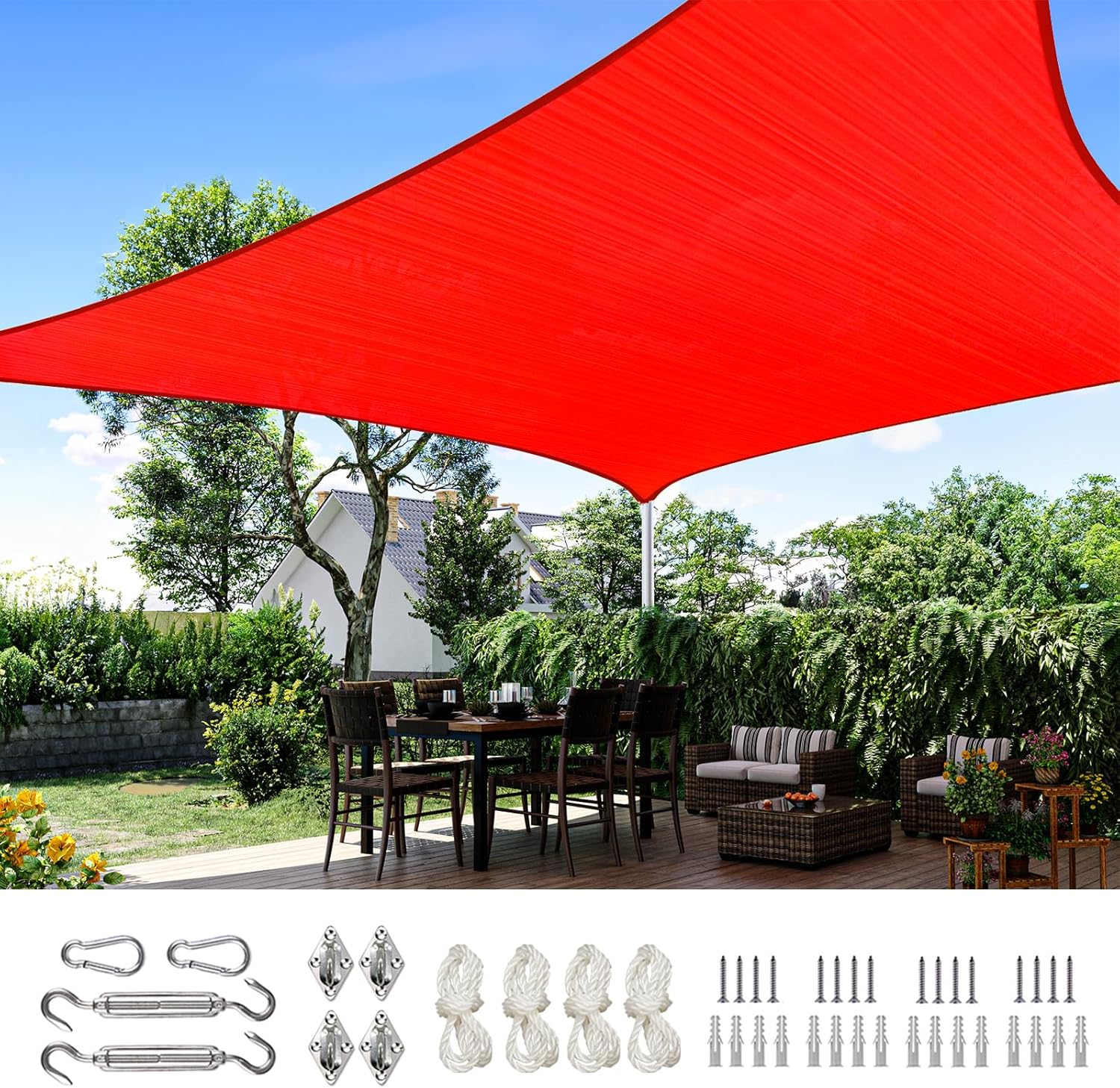 Quictent 20X20FT 185G HDPE Square Sun Shade Sail Canopy 98% UV Block Outdoor Patio Garden with Hardware Kit (Brown)