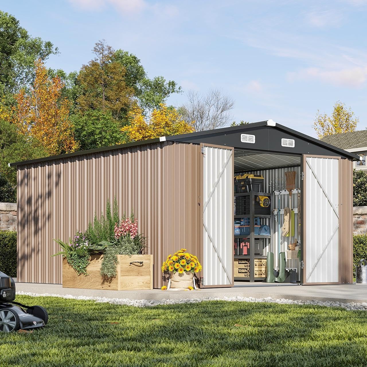 Aoxun 10 x 12 ft Outdoor Storage Shed with Double Hinged Door Utility Garden Shed