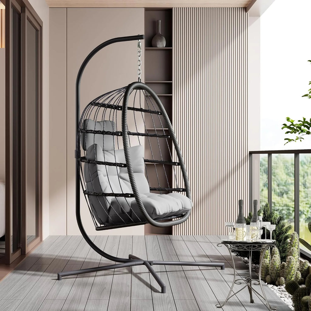 HWB Hanging Egg Chair Patio Wicker Hammock Egg Swing Chair with Cushion for Bedroom