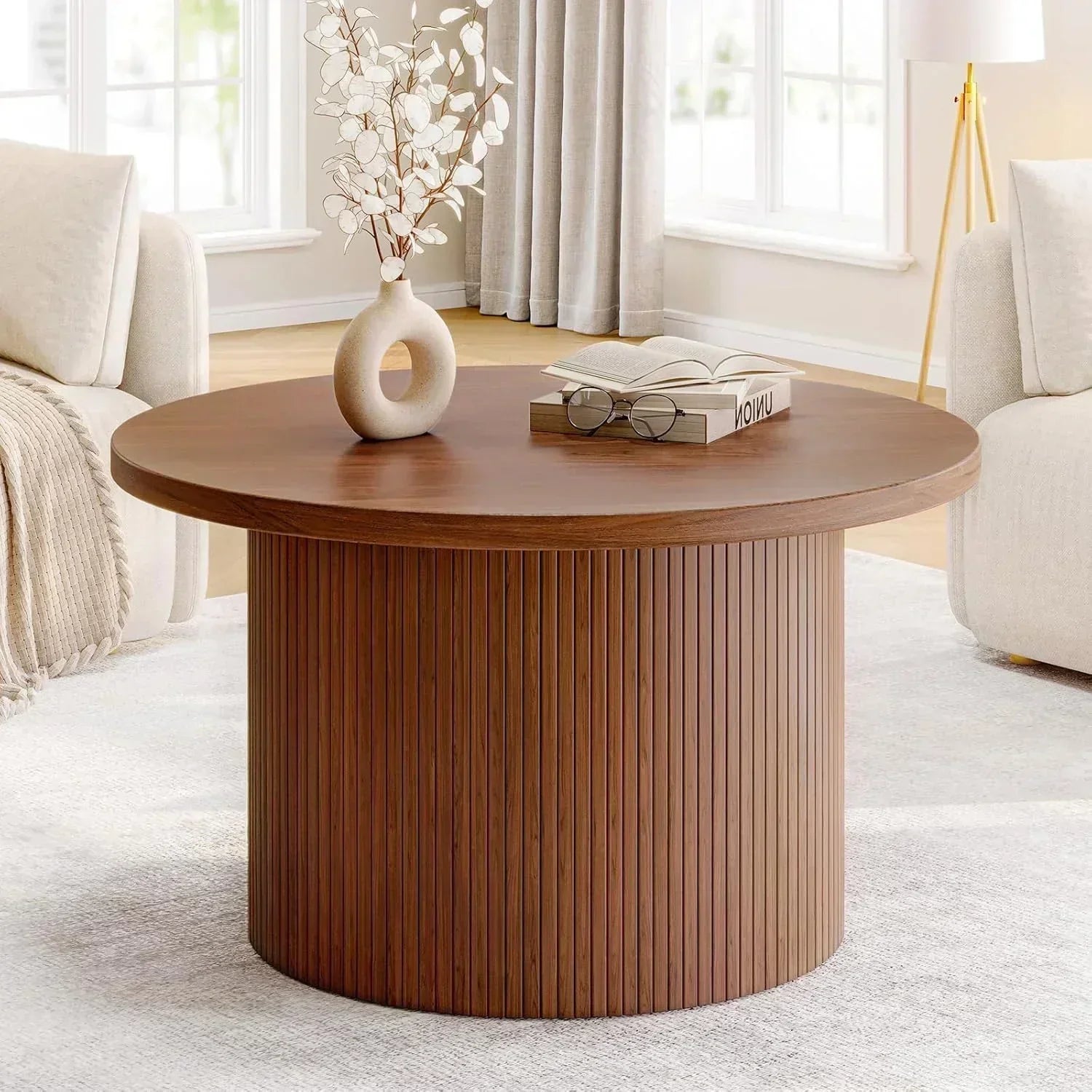 31.5 inch round coffee table living room roll-up coffee table mid-century modern wood coffee table