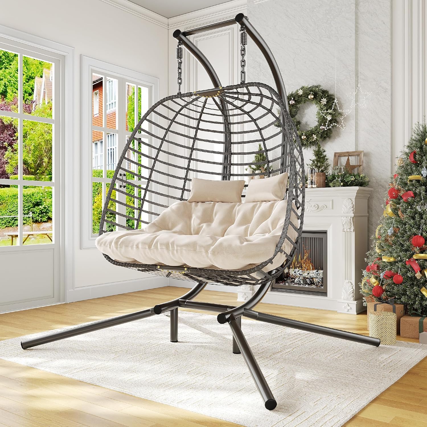 HWB Hanging Egg Chair Patio Wicker Hammock Egg Swing Chair with Cushion for Bedroom
