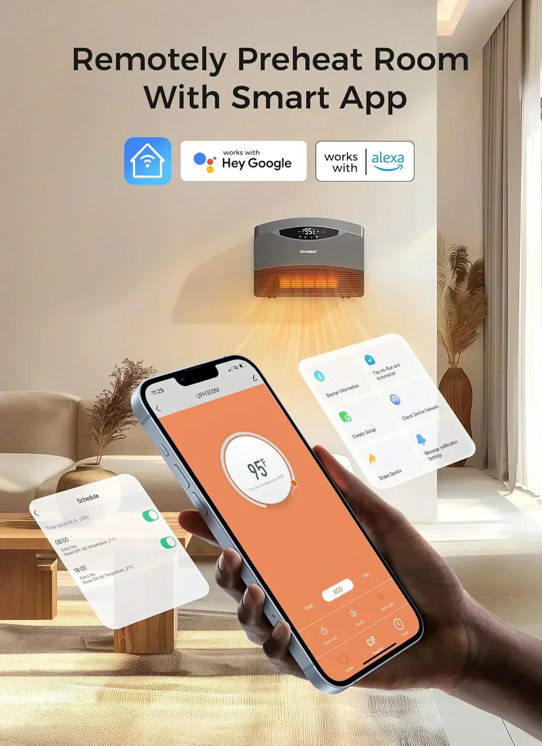 Wall mounted electric heater with WiFi and remote control floor standing heater 1500W