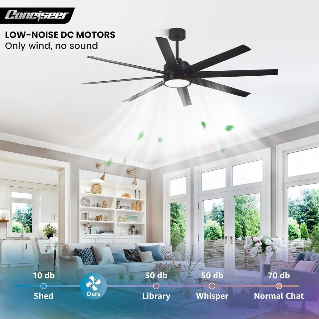 Modern Ceiling Fans with Lights, 72 Inch Ceiling Fan with Light and Remote, Bedroom Living Room Library Cafe Outdoor/Industrial,24W 3CCT Dimmable, 8 Blades 6 Speed Reversible Quiet DC Motor, Black