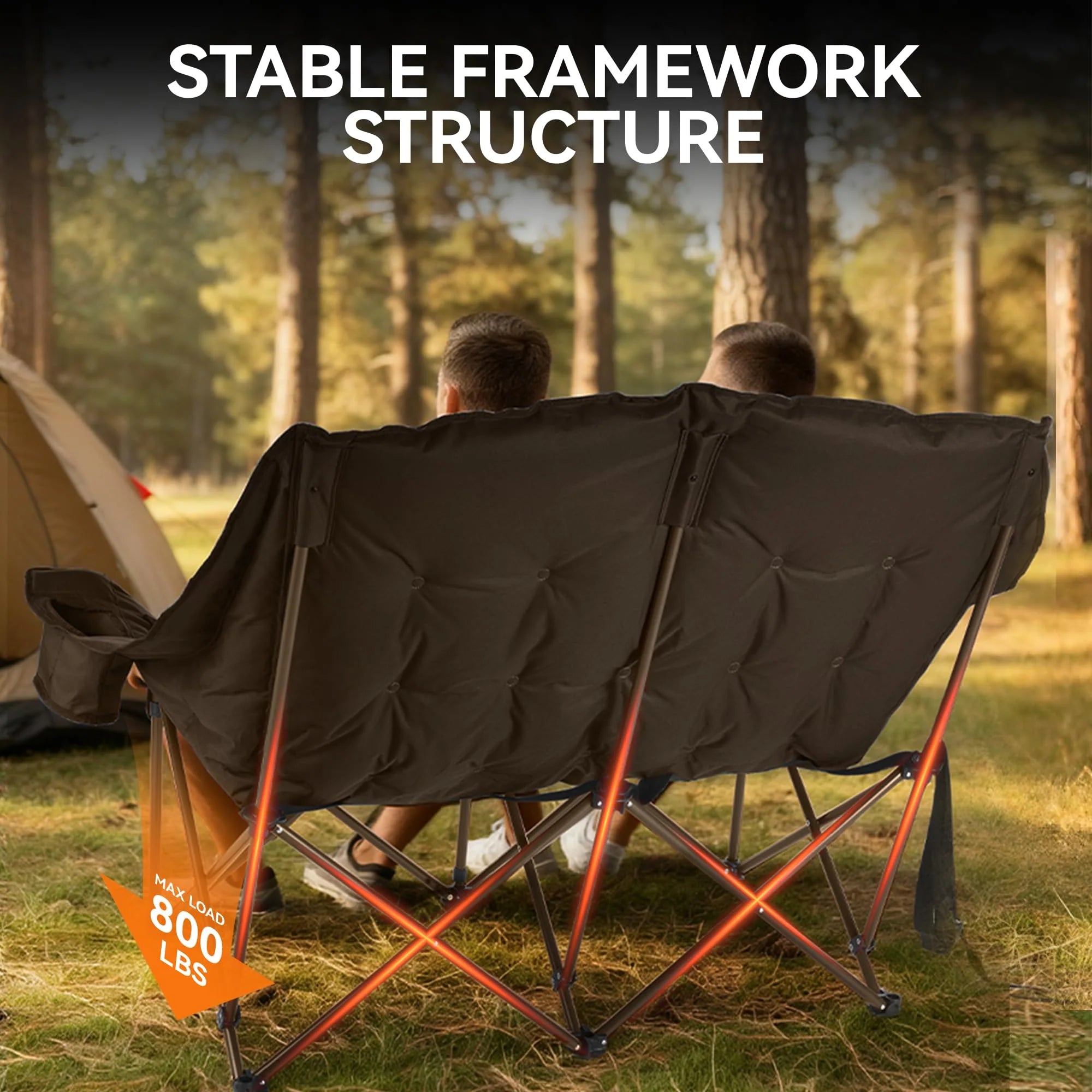 High Back Double Camping Chair Low Seat Folding Loveseat with Cup Holders and Carry Bag 800 lbs