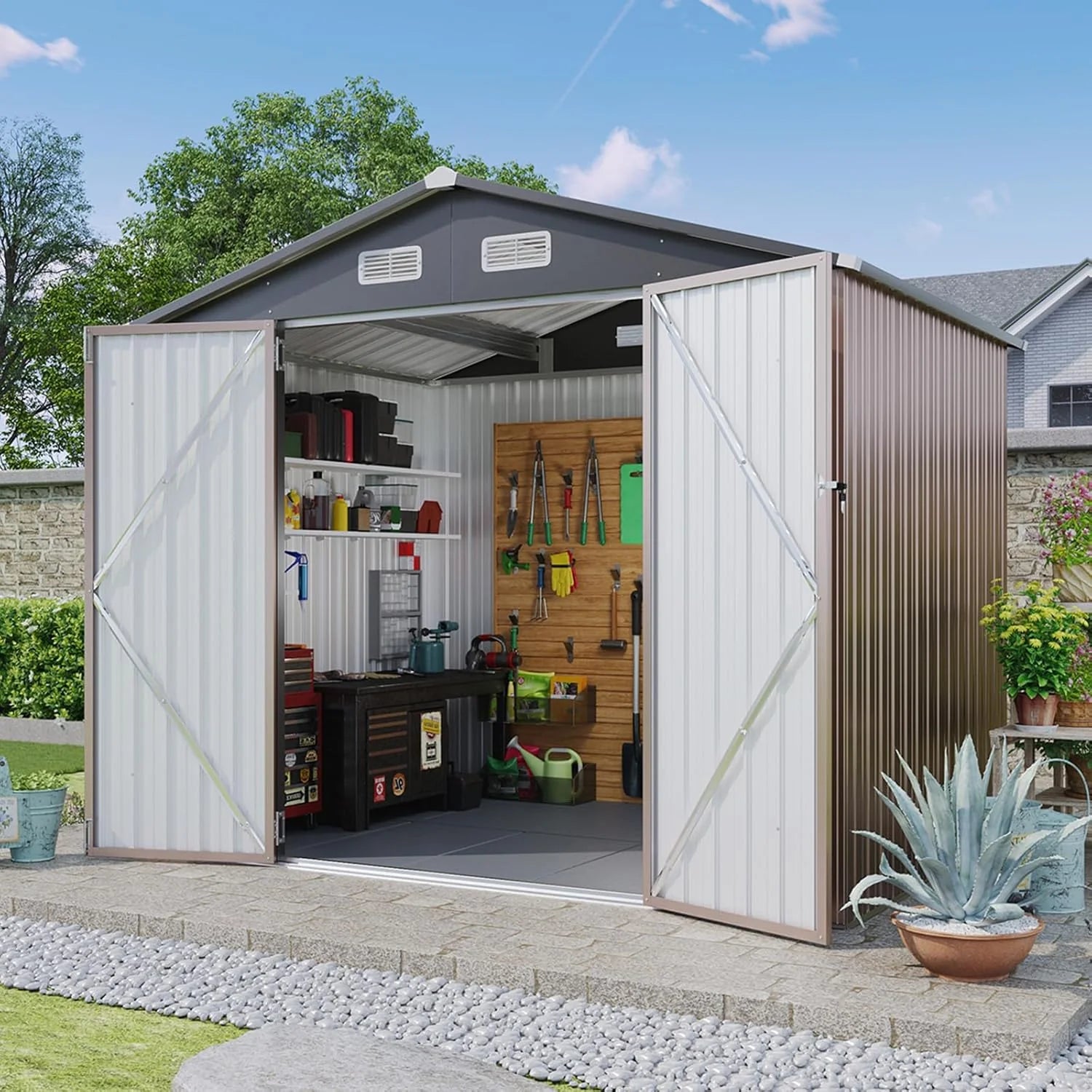 Aoxun 6.2x4ft Shed Outdoor Storage Shed with Lockable Door Metal Garden Tool Shed