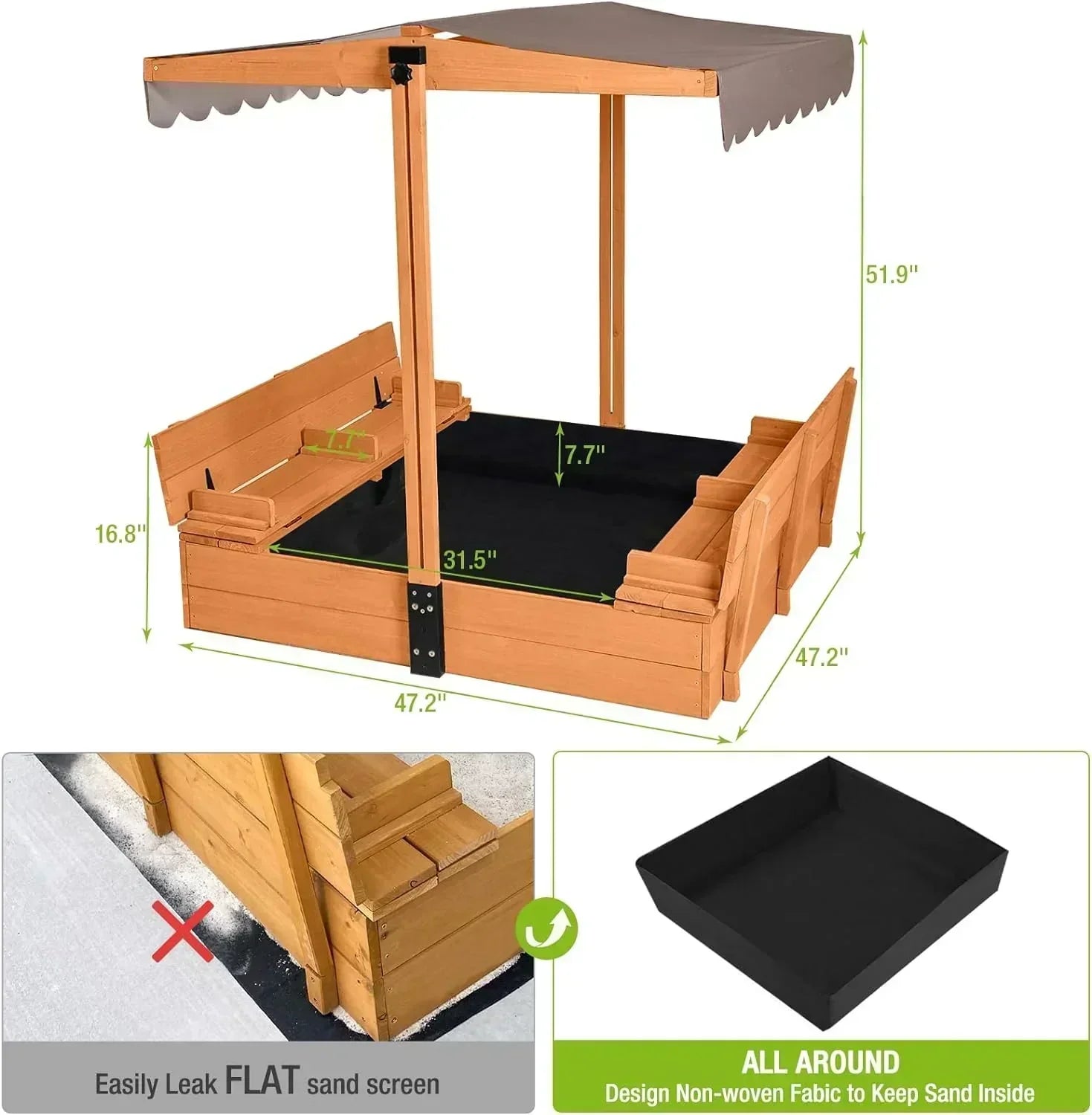 Kids Wooden Outdoor Sandbox Canopy 2 Foldable Bench Seats Retractable Roof Sand Protection Liner