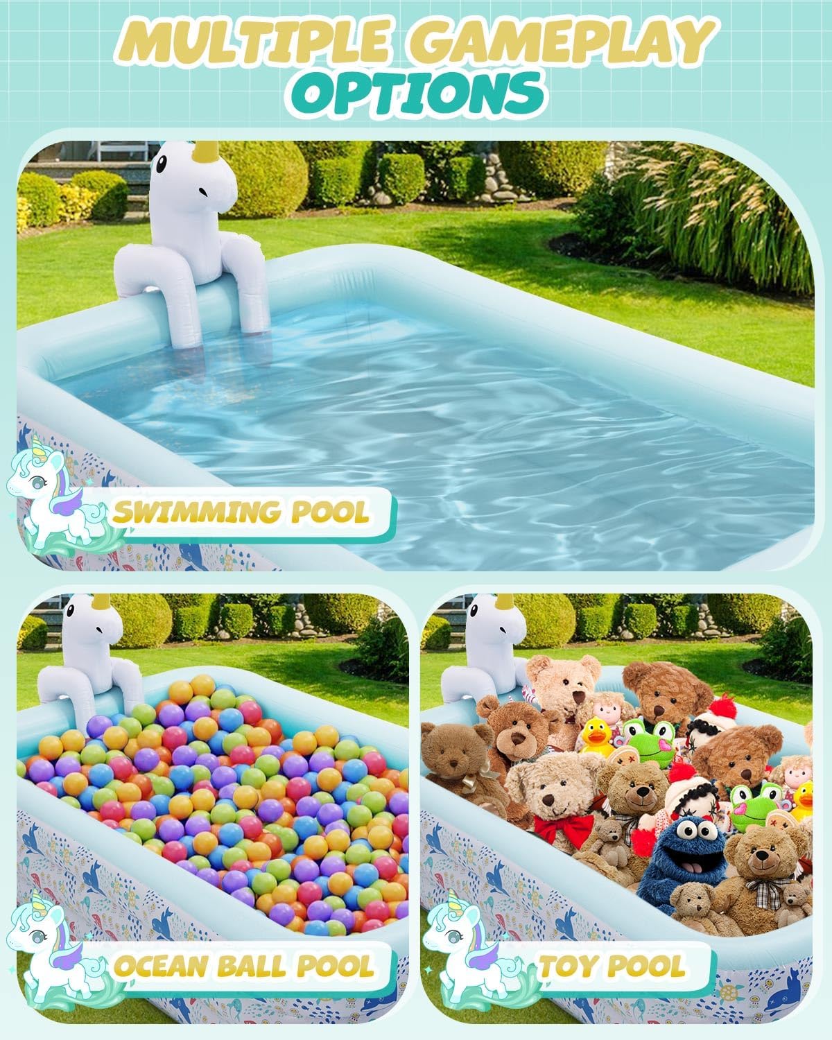 Inflatable Pool for Kids and Adults Large Blow up Swimming Pool (118 L x71 W x 23.5 H), Unicorn Pool for Kids with Sprinkler Thicken Oversized Pools for Whole Family Party Backyard Garden Outdoor