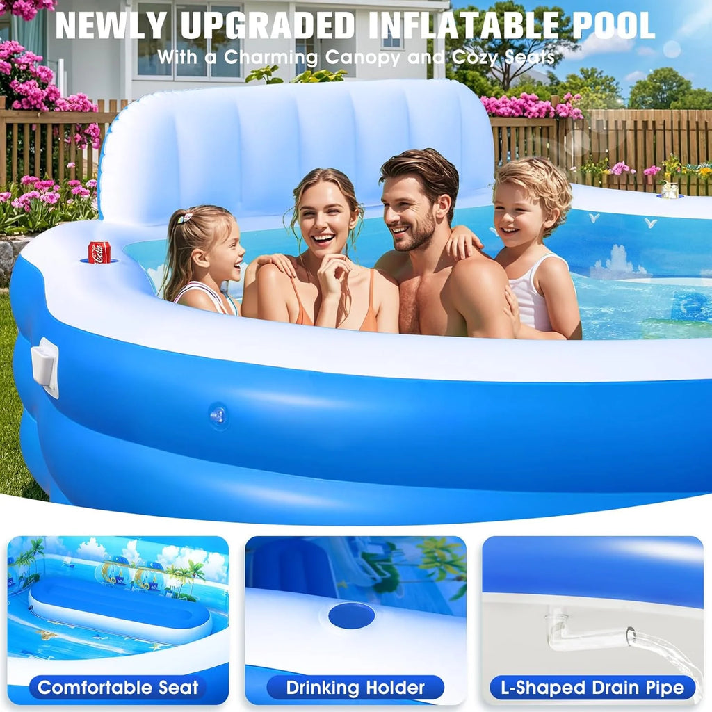 2025 Upgraded Inflatable Pool with Canopy, Inflatable Family Lounge Pool, Round Blow Up Pool for Adult with Bench & Backrest, Swim Center Easy Backyard Pools for Kids & Adults, 92x92x26, Blue