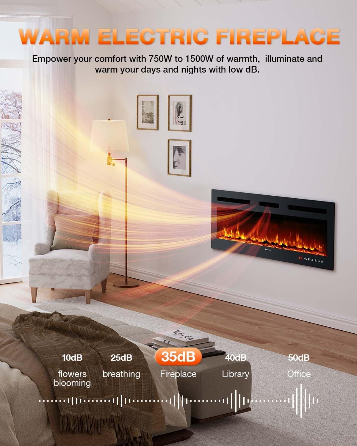 Electric Fireplace 60Inch Wall Mounted Electric Fireplace Heater with Timer Inserts TV Stand