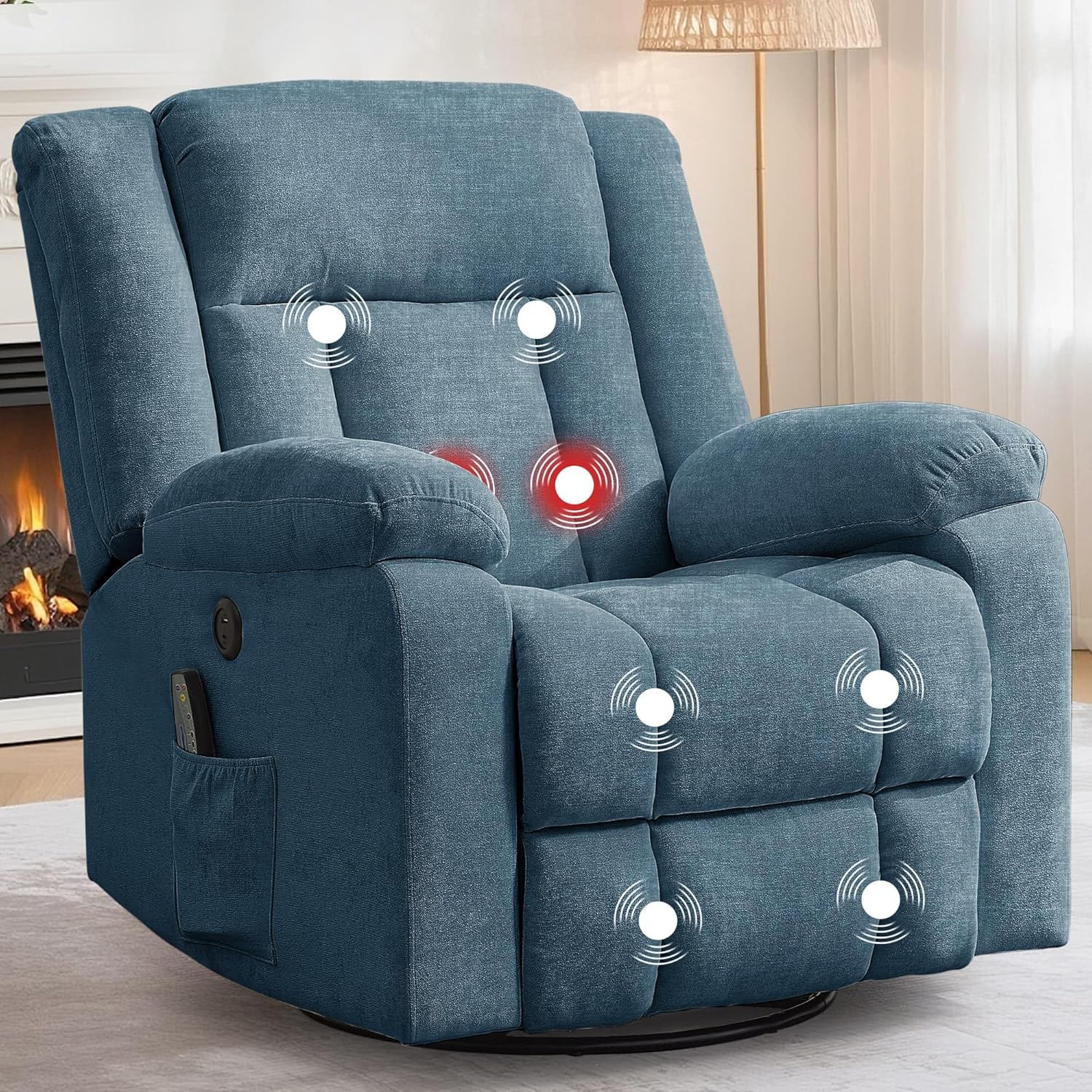 Adult rocking chair, gliding recliner, 360° rotating rocking chair with massage and heating function