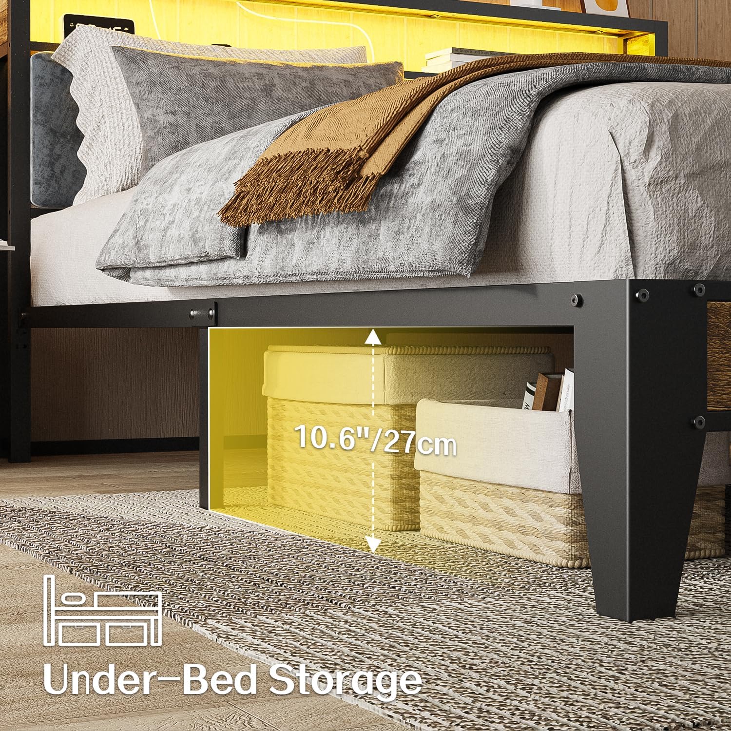 OLEVS Single Bed Frame LED Light Storage Headboard Charging Station Metal Platform Bed