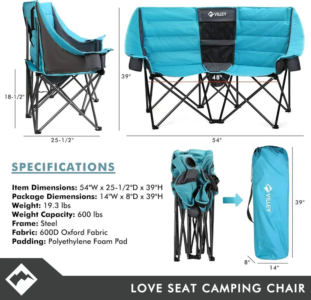 Double camping chair extra wide love seat heavy duty padded camping sofa portable folding chair