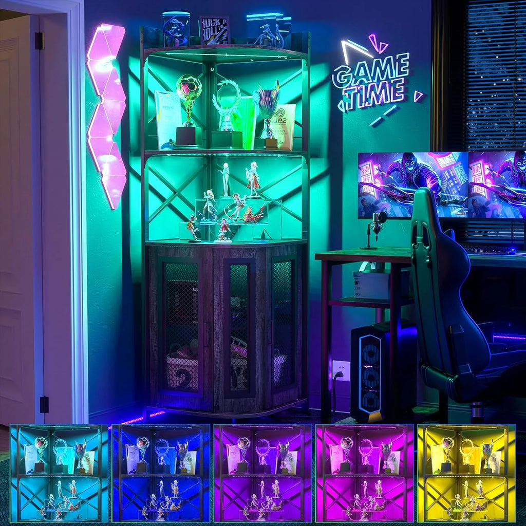 Corner bar cabinet with power socket, industrial style wine cabinet with LED light strip and glass rack, home five-layer wine cabinet bar unit, small space corner display cabinet