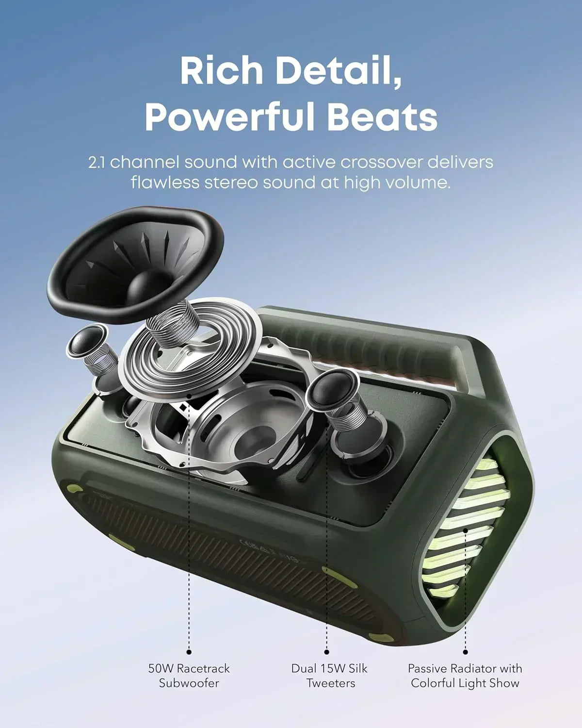 Outdoor Speaker 80W Subwoofer BassUp 2.0 24H Playtime IPX7 Waterproof Floatable RGB Lights
