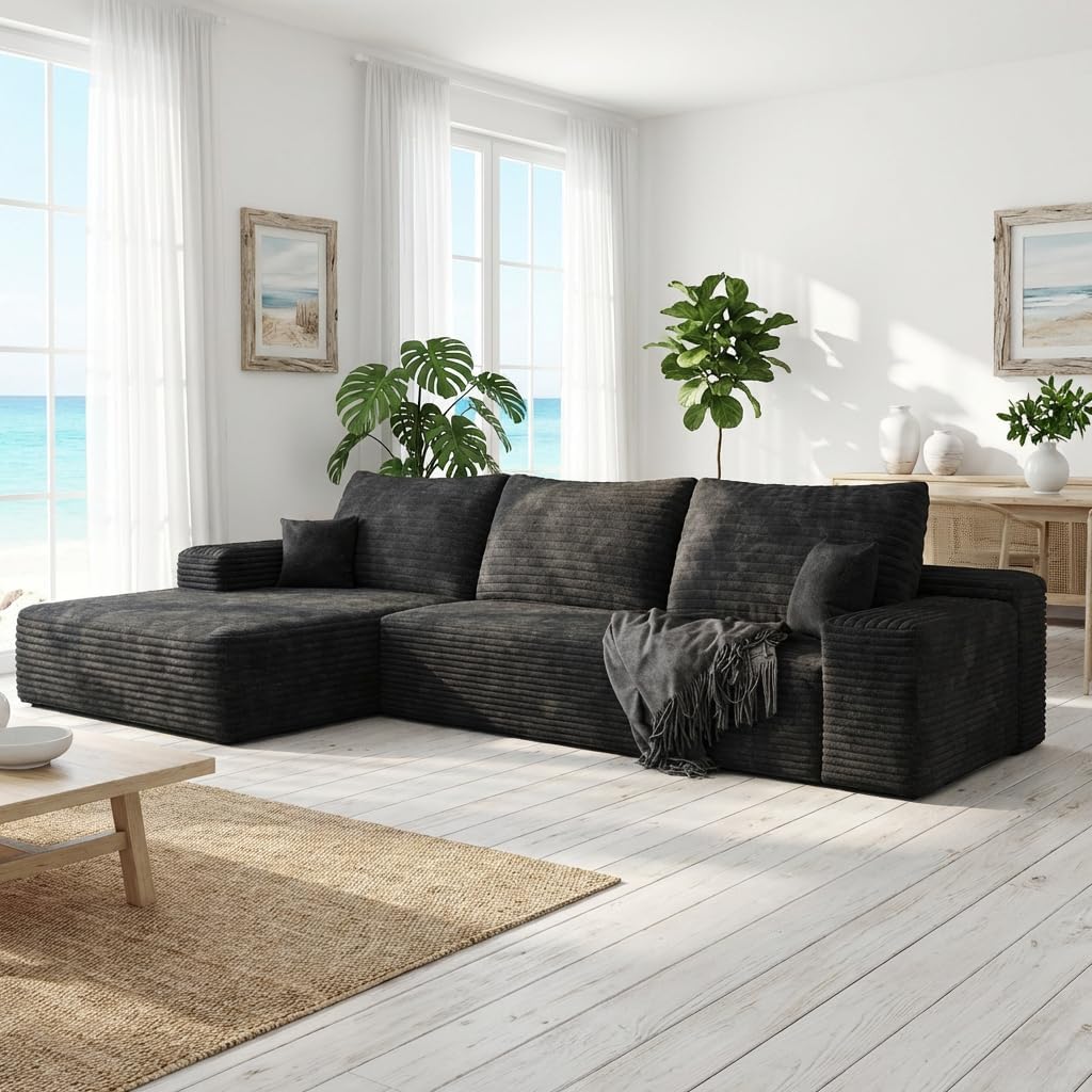 135 Oversized Compressed Sectional Sofa - 33D High-Density Foam Cloud Couch with Deep Seat - Minimalist 3-Piece Corduroy Upholstered Boneless Modular Lounge Couch | Breathable material, Full Foam, Anti-slip