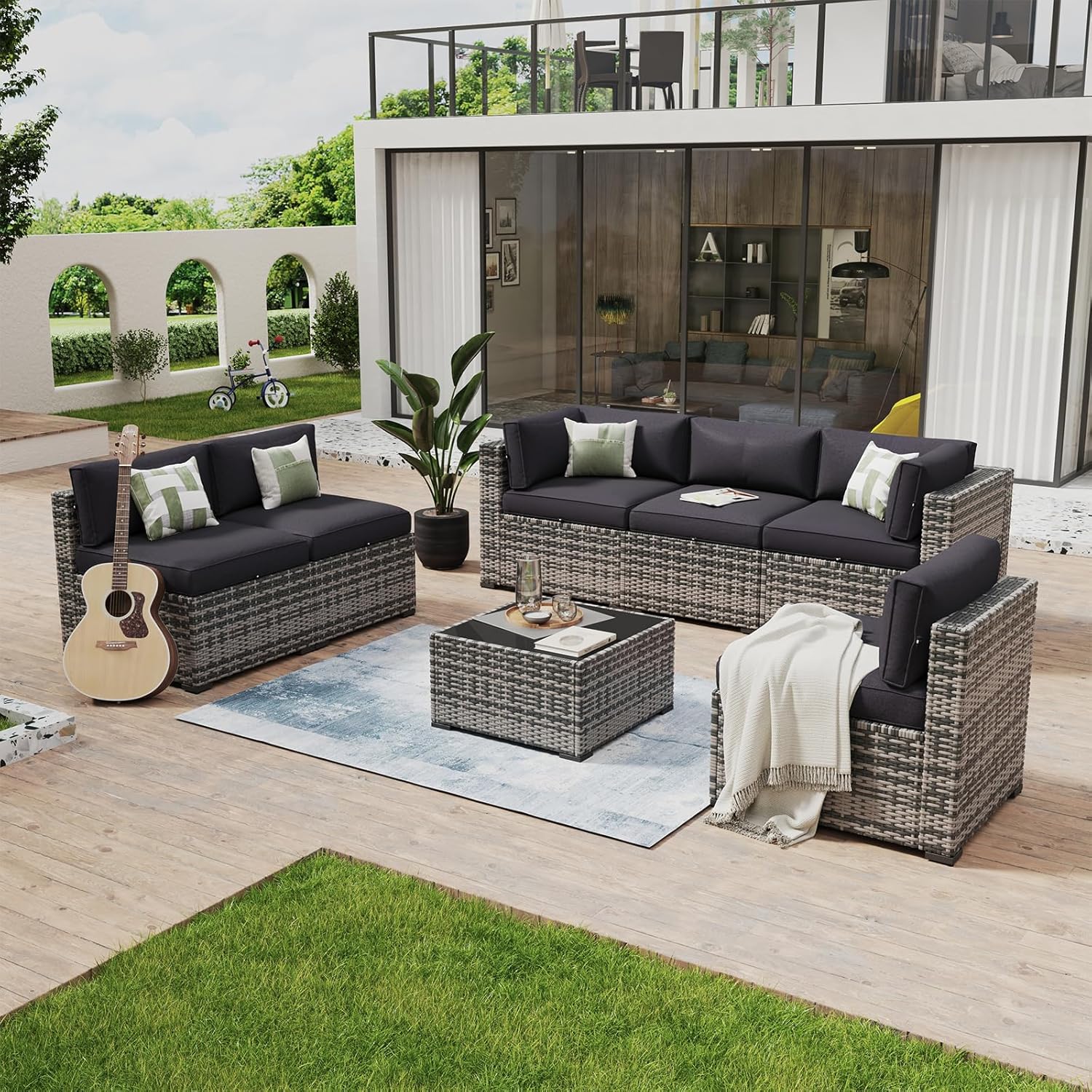Aoxun 8 Piece Patio Furniture Set with 44?Fire Pit Table Wicker Rattan Outdoor Sectional Sofa Set with Coffee Table and Thickened Cushions, Beige (Waterproof Cover Included)