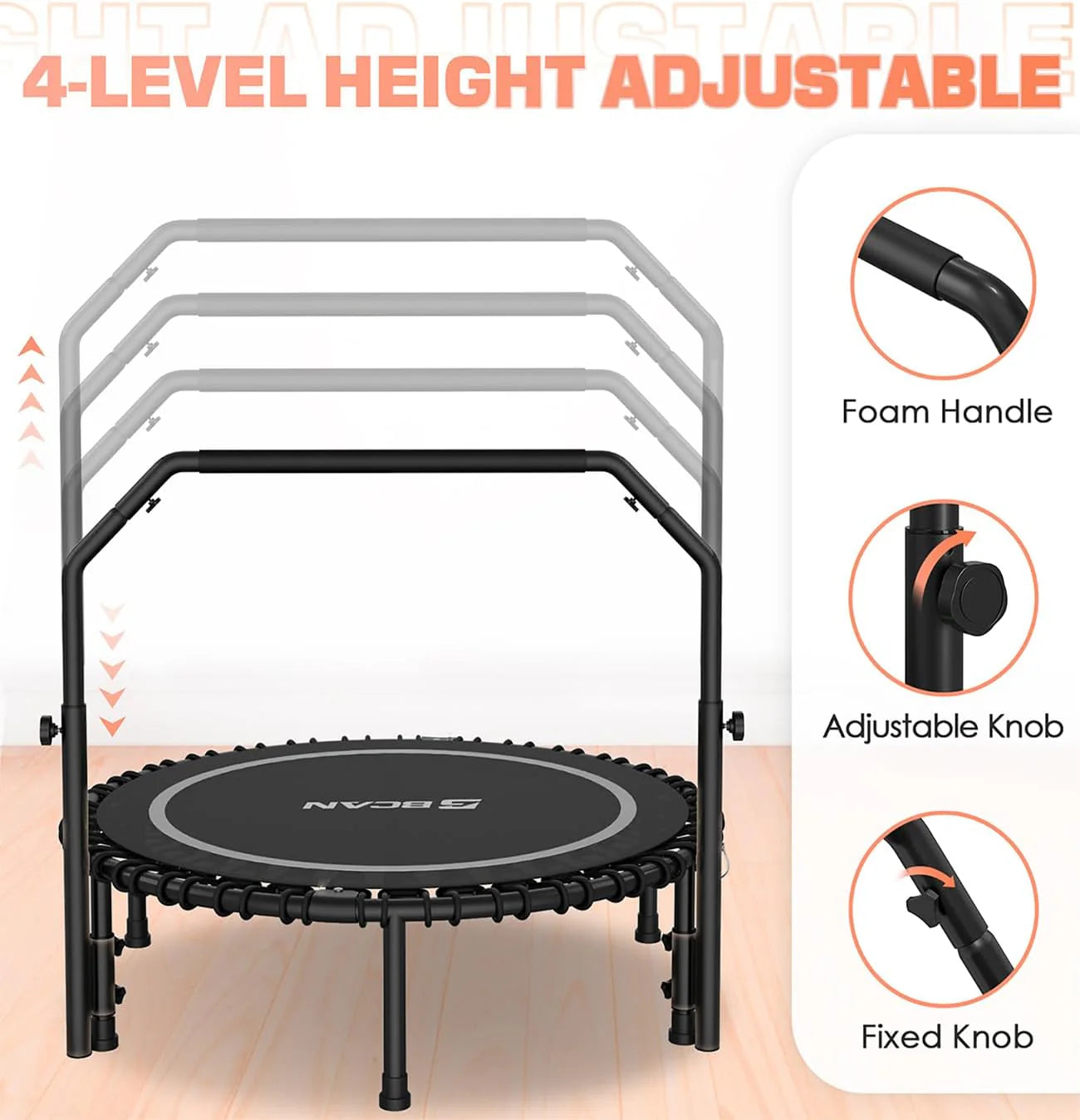 BCAN 450/550 LBS Foldable Mini Trampoline, 40/48 Fitness Trampoline with Bungees, U Shape Adjustable Foam Handle, Stable & Quiet Exercise Rebounder for Adults Indoor/Outdoor Workout