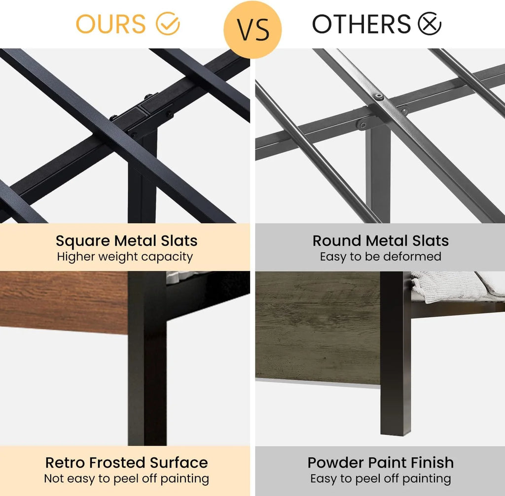 SHA CERLIN 14 Inch Queen Size Metal Platform Bed Frame with Wooden Headboard and Footboard