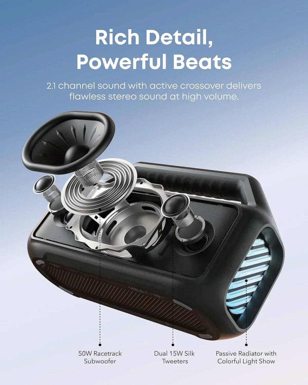 Outdoor Speaker 80W Subwoofer BassUp 2.0 24H Playtime IPX7 Waterproof Floatable RGB Lights