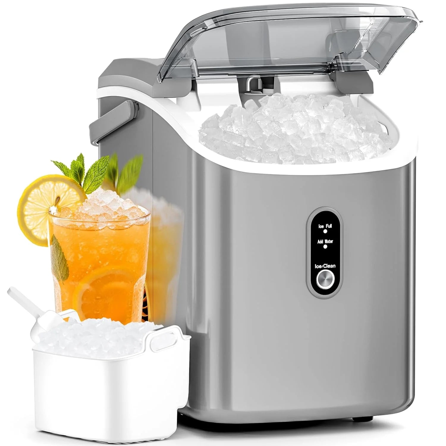 Antarctic Star Nugget Ice Maker Countertop with Soft Chewable Ice, Portable Sonic Ice Maker with Basket and Scoop, Removable Top Cover, Auto-Cleaning for Home/Party/RV/Camping (Stainless Steel Silver)