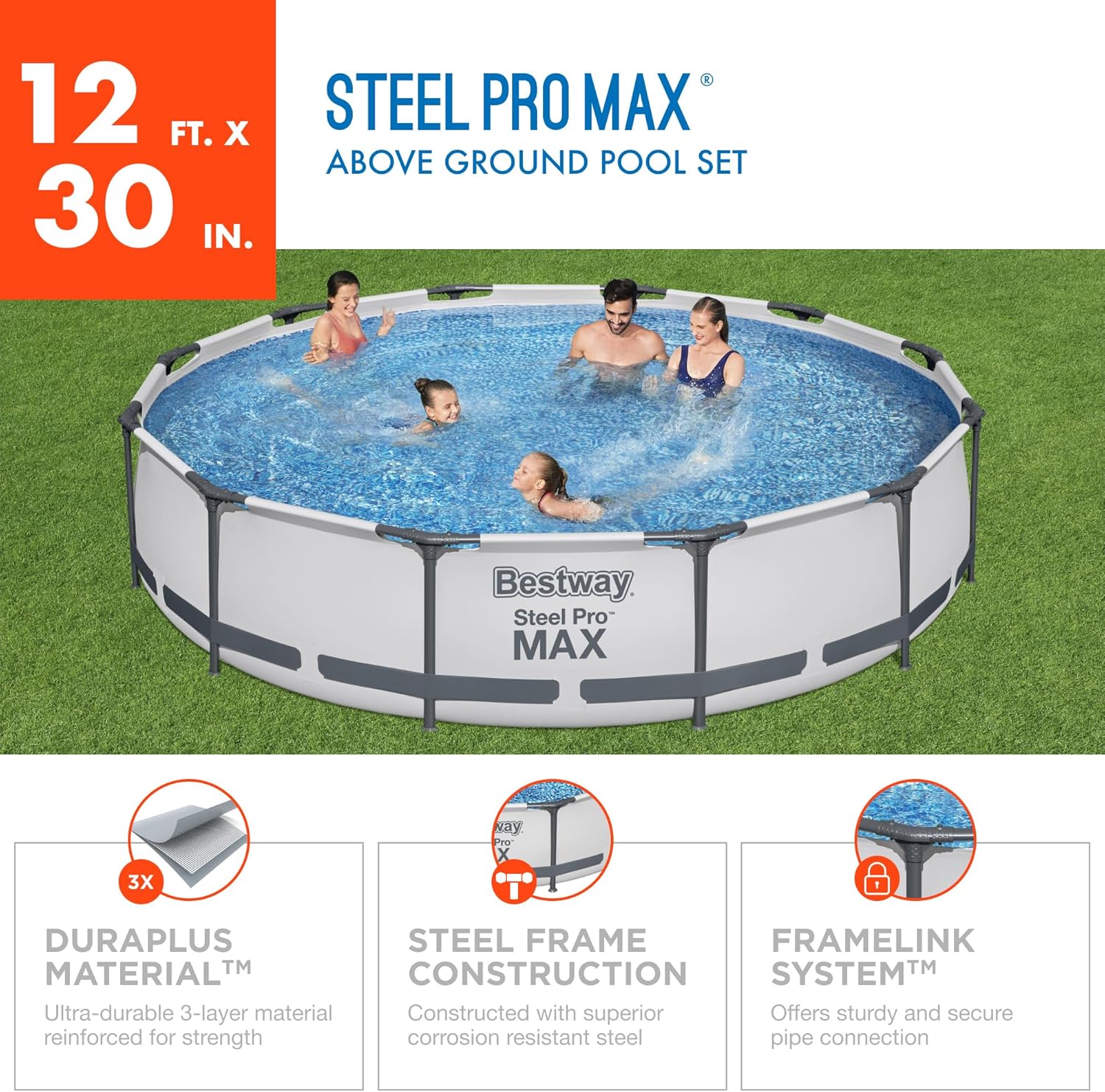 Steel Pro MAX 10 Foot x 30 Inch Round Metal Frame Above Ground Backyard Swimming Pool Set