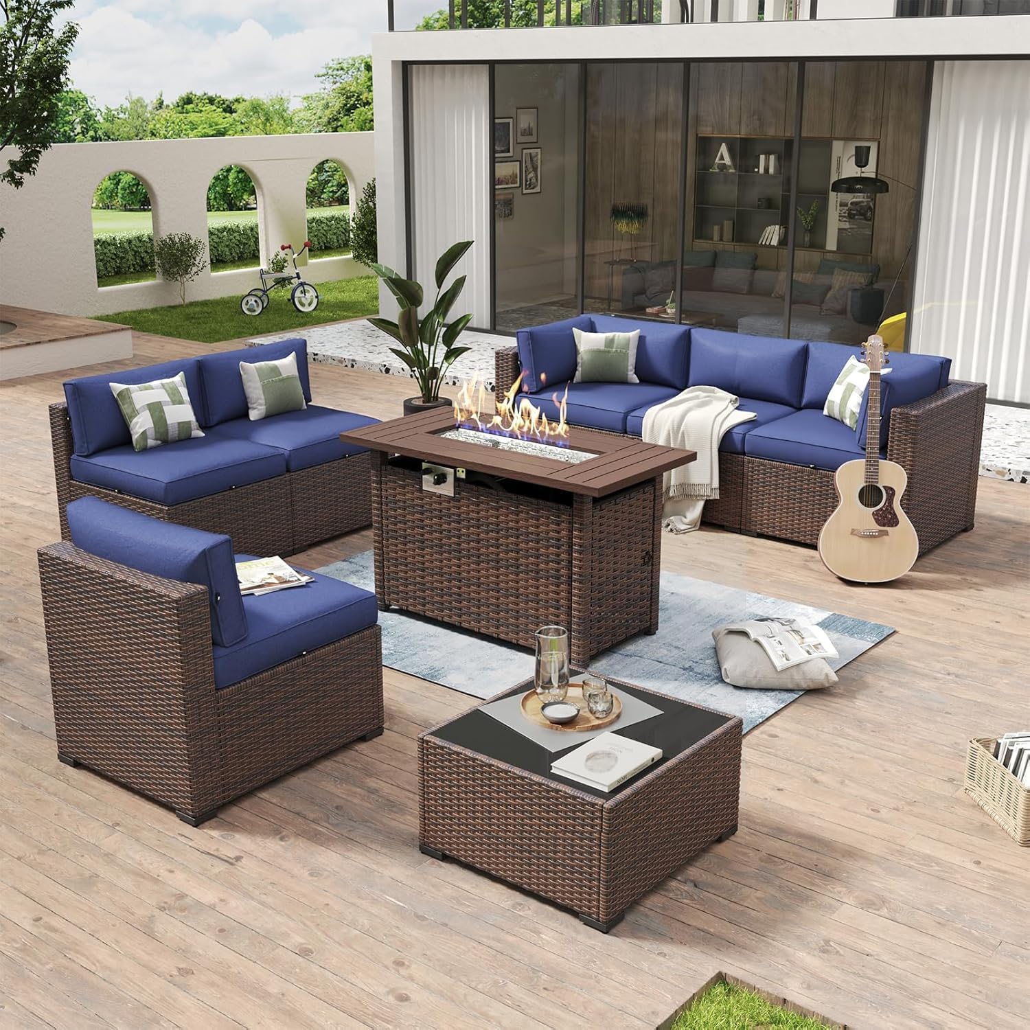 Aoxun 8 Piece Patio Furniture Set with 44?Fire Pit Table Wicker Rattan Outdoor Sectional Sofa Set with Coffee Table and Thickened Cushions, Beige (Waterproof Cover Included)