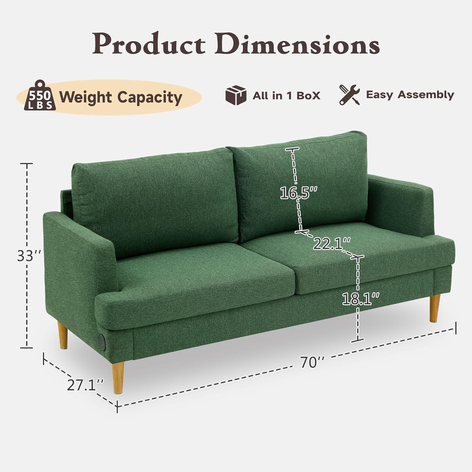 Loveseat Sofa Couch for Living Room USB Type C Ports Dark Gray Upholstered Small Couches